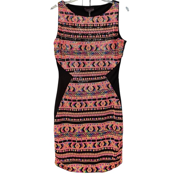 Hale Bob Sequin Bodycon Dress Small Black Tribal Print Sleeveless - Picture 1 of 8